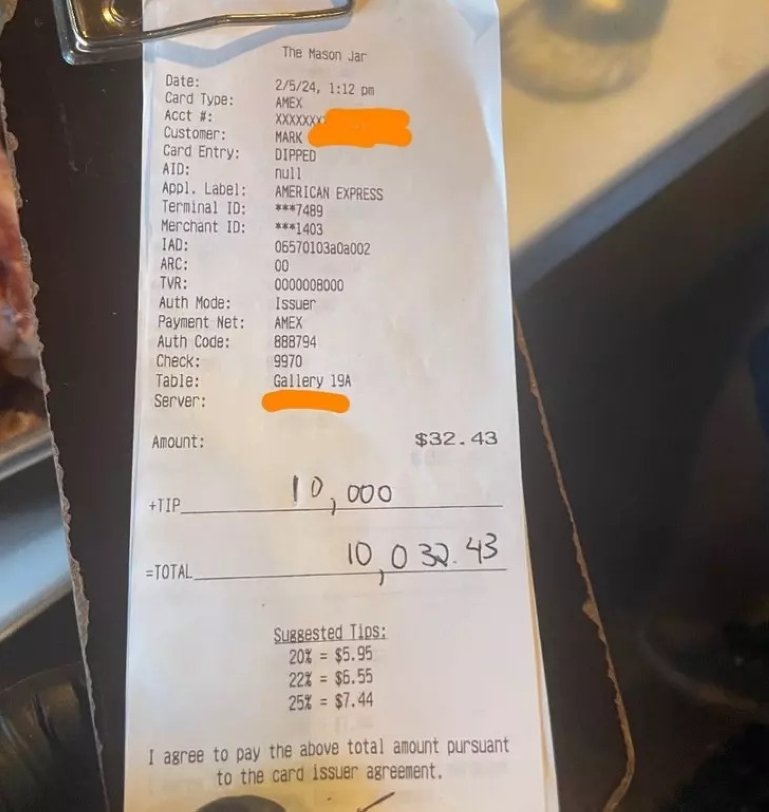 A customer named Mark left a $10,000 tip on his $32.43 bill. (Courtesy of the cafe)