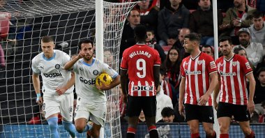 Girona's Eric Garcia celebrates after scoring his team's second goal during the La Liga match against Athletic Club Bilbao at the San Mames stadium, Bilbao, Spain, Feb. 19, 2024. (AFP Photo)