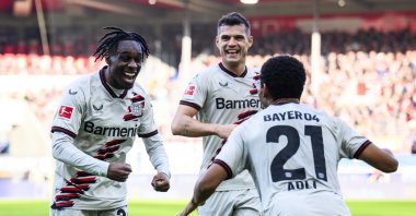 Bayer Leverkusen players celebrate during the match against Heidenheim at the Voith-Arena, Heidenheim, Germany, Feb. 17, 2024. (Getty Images Photo)