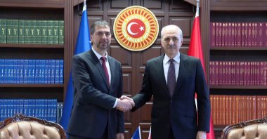 Parliament Speaker Numan Kurtulmuş (R) shakes hands with his Bosnian counterpart Marinko Cavara after talks in Istanbul, Türkiye, Feb. 20, 2024. (IHA Photo)
