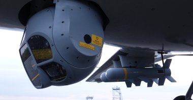 A Bayraktar TB2 drone is equipped with Aselsan&#039;s electro-optic reconnaissance, surveillance and targeting system CATS, in Tekirdağ, northwestern Türkiye, Nov. 6, 2020. (AA Photo)