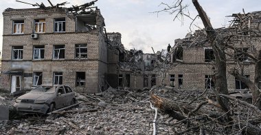 A handout photo made available by the National Police of Ukraine shows the site of the shelling of the civilian hospital building in Selidove city of Donetsk area, Ukraine, Feb. 14, 2024. (EPA Photo)