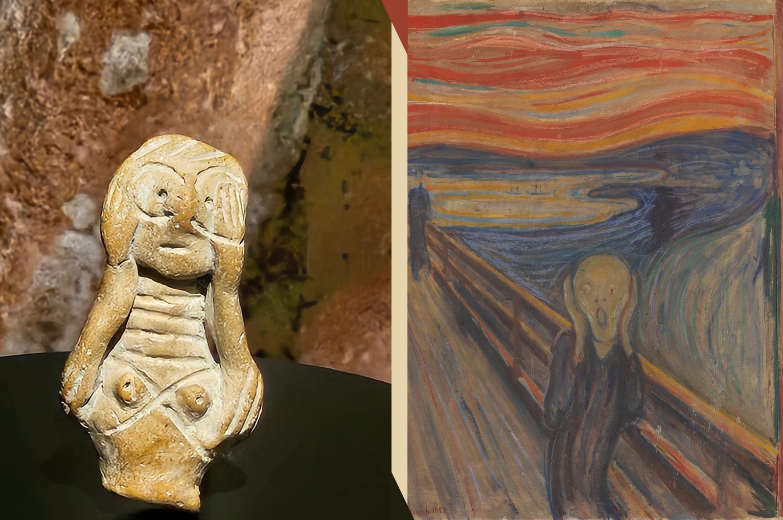 A combination of photos that show the archaic figurine (L), early Bronze Age, pre-2000 B.C., and Edvard Munch&#039;s &quot;The Scream.&quot; (The photo collage by Kelvin Ndunga)