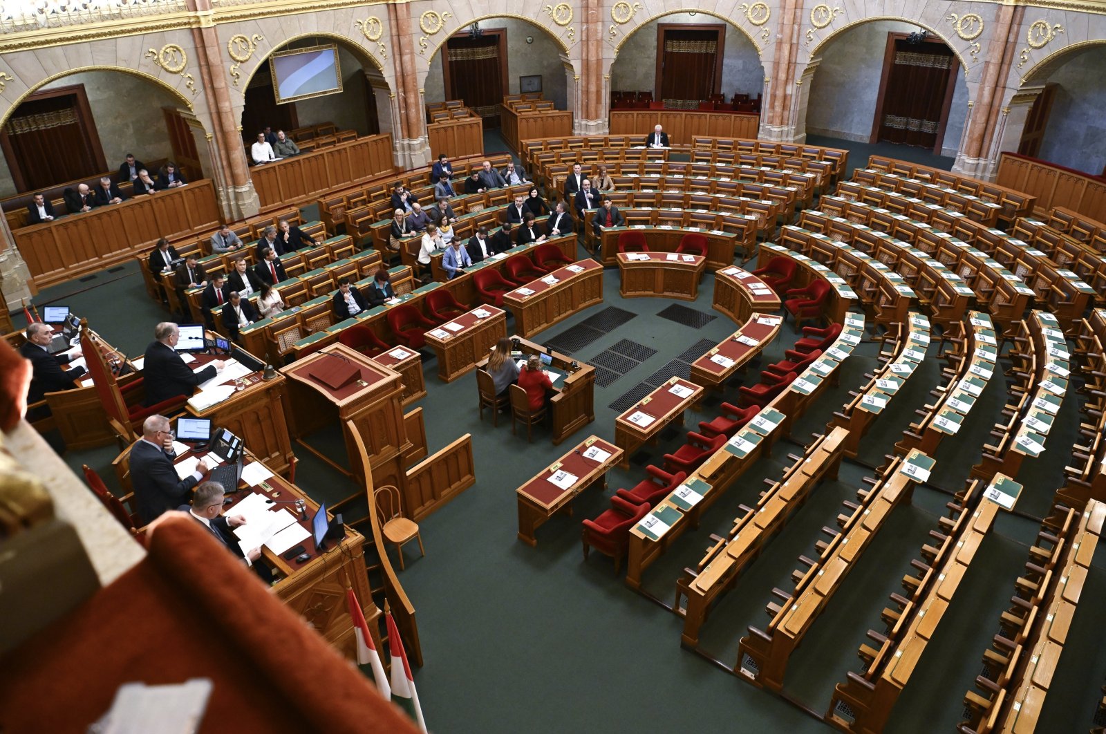 Some members of parliament attend the extraordinary session of the Hungarian parliament on the ratification of Sweden&#039;s NATO membership, in Budapest, Hungary, Feb. 5, 2024. (EPA Photo)