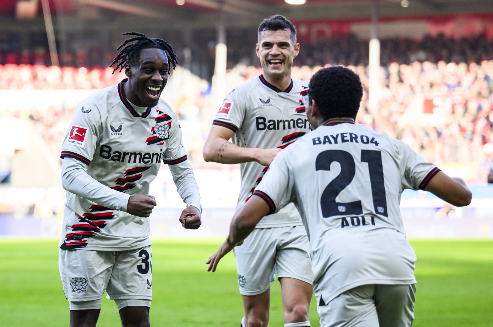 Bayer Leverkusen players celebrate during the match against Heidenheim at the Voith-Arena, Heidenheim, Germany, Feb. 17, 2024. (Getty Images Photo)