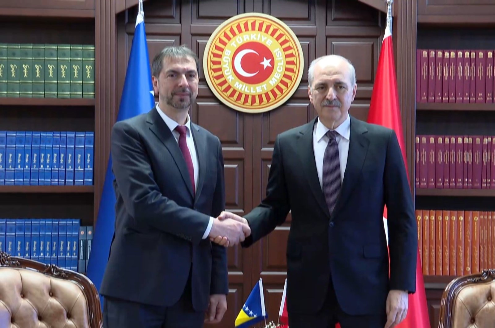 Parliament Speaker Numan Kurtulmuş (R) shakes hands with his Bosnian counterpart Marinko Cavara after talks in Istanbul, Türkiye, Feb. 20, 2024. (IHA Photo)