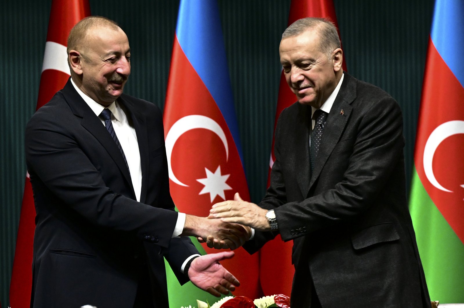 President Recep Tayyip Erdoğan shakes hands with Azerbaijani President Ilham Aliyev, Ankara, Türkiye, Feb. 20, 2024. (AA Photo)