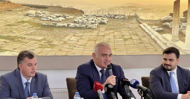 Culture and Tourism Minister Mehmet Nuri Ersoy (C) meets with the sector representatives in Bergama district of Izmir, Türkiye, Feb. 21, 2024. (IHA Photo)