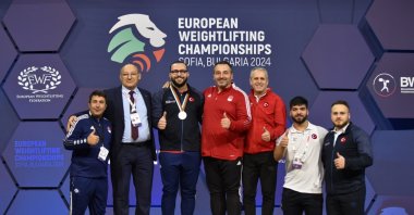 Turkish men&#039;s weightlifting team poses for a photo with their medals at the European Weightlifting Championships, Sofia, Bulgaria, Feb. 19, 2024. (AA Photo)