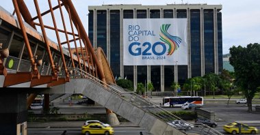 A G-20 Brazil banner is displayed at the city hall, in Rio de Janeiro, Brazil, Feb. 15, 2024. (AFP Photo)