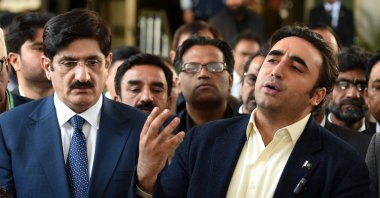 Pakistan People&#039;s Party chair Bilawal Bhutto Zardari (R) speaks to journalists in Islamabad, Pakistan, Feb. 20, 2024. (EPA Photo)