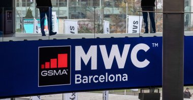 A Mobile World Congress logo is seen during the event, in Barcelona, Spain, March 2, 2022. (Reuters Photo)