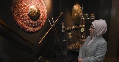 First Lady Emine Erdoğan views artifacts at the Ankara Palas Museum in Ankara, Feb. 21, 2024. (AA Photo)