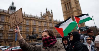 Pro-Palestinian protesters queue for the House of Commons public gallery as British MPs are debating a motion in Parliament on calling a cease-fire in Gaza, in London, Britain, Feb. 21, 2024. (EPA Photo)