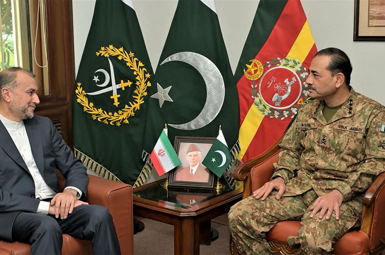 Pakistan&#039;s Army Chief General Syed Asim Munir (R) speaking with Iranian Foreign Minister Hossein Amir-Abdollahian during a meeting in Rawalpindi, Pakistan, Jan. 29, 2024. (AFP Photo)