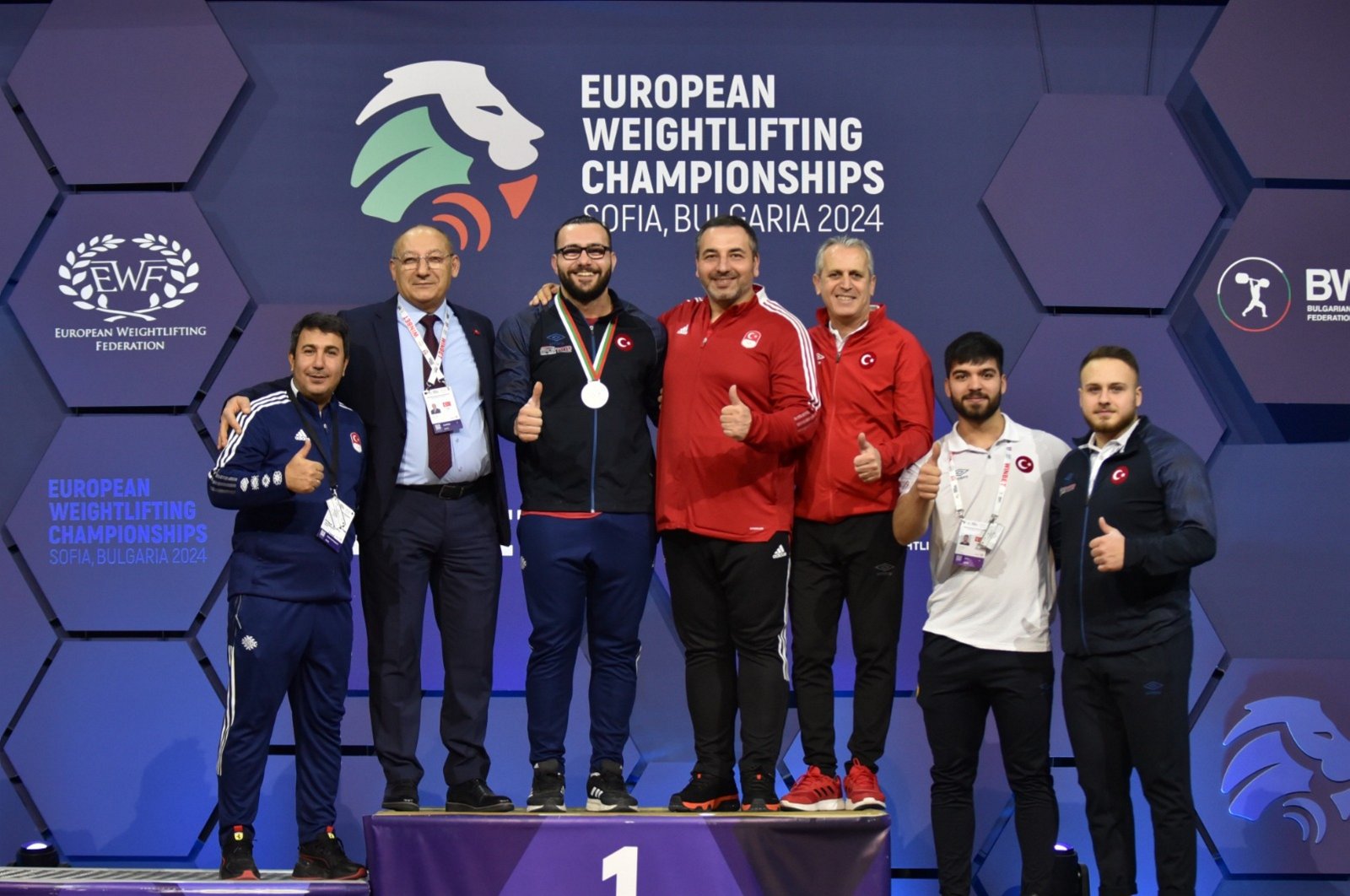 Turkish men&#039;s weightlifting team poses for a photo with their medals at the European Weightlifting Championships, Sofia, Bulgaria, Feb. 19, 2024. (AA Photo)