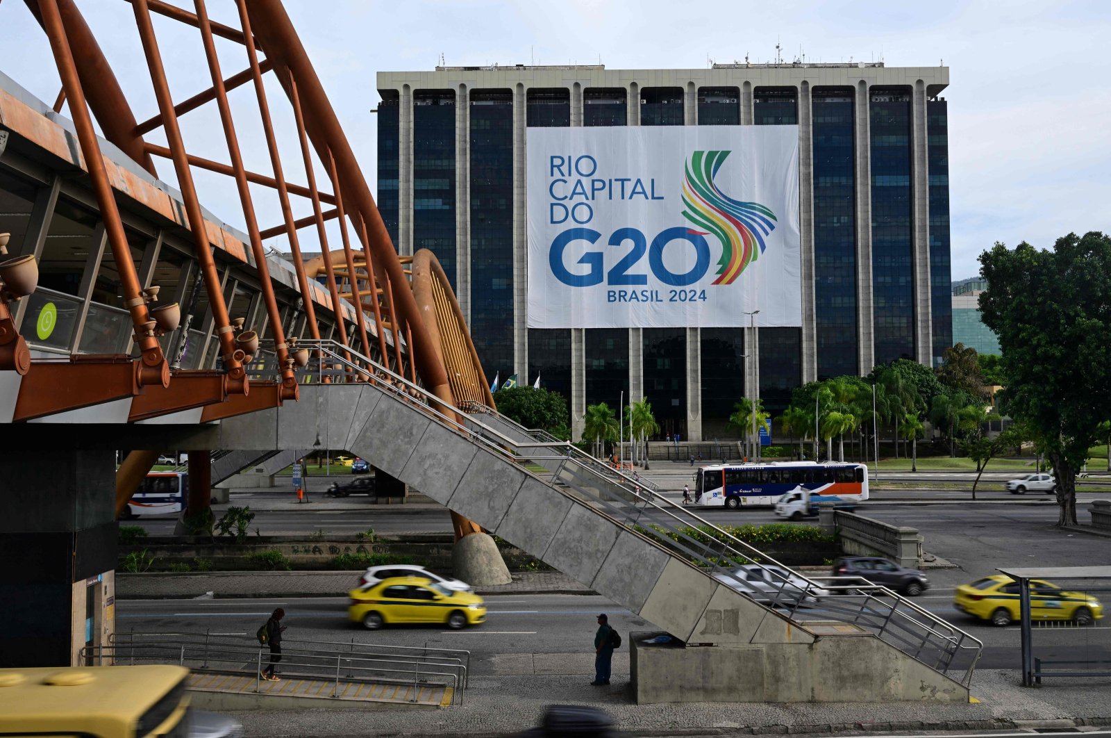 A G-20 Brazil banner is displayed at the city hall, in Rio de Janeiro, Brazil, Feb. 15, 2024. (AFP Photo)