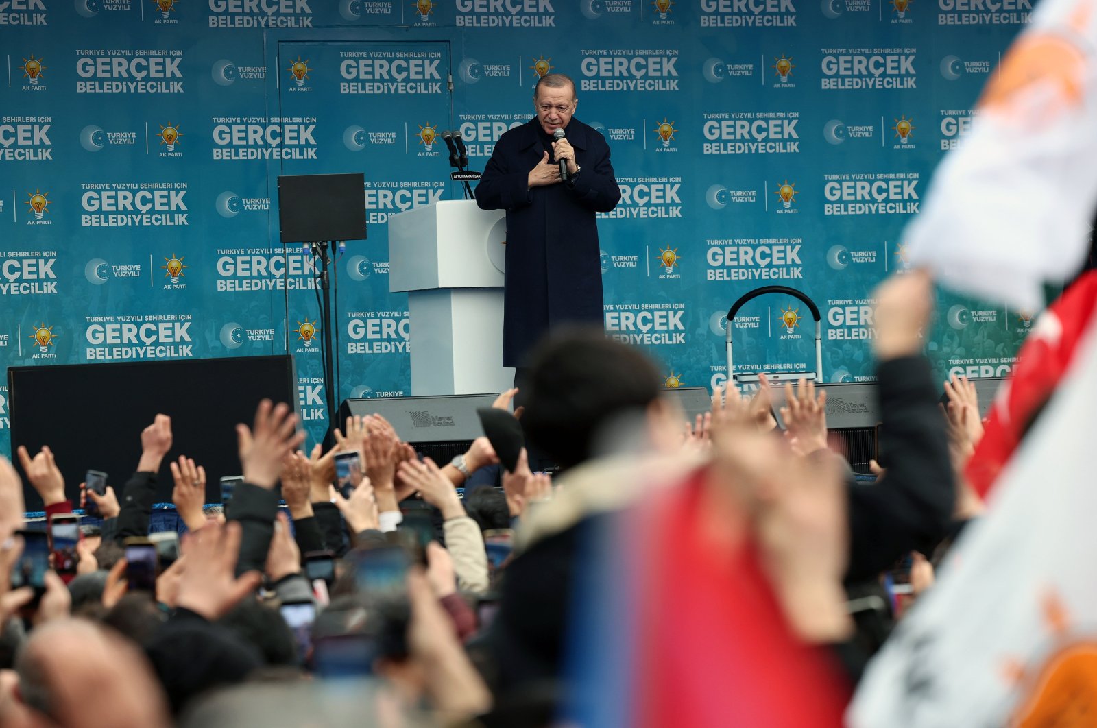 President Recep Tayyip Erdoğan greets the crowd in Afyonkarahisar, western Türkiye, Feb. 21, 2024. (AA Photo)