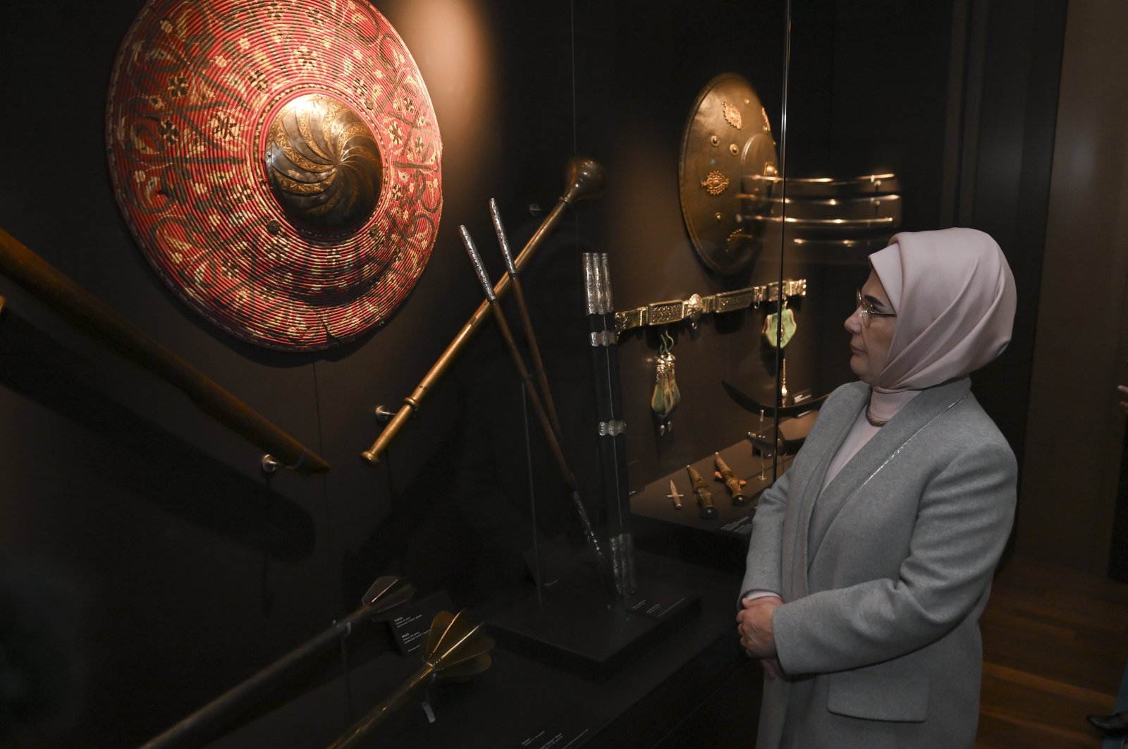 First Lady Emine Erdoğan views artifacts at the Ankara Palas Museum in Ankara, Feb. 21, 2024. (AA Photo)