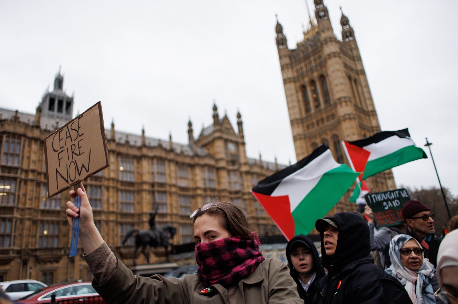 Pro-Palestinian protesters queue for the House of Commons public gallery as British MPs are debating a motion in Parliament on calling a cease-fire in Gaza, in London, Britain, Feb. 21, 2024. (EPA Photo)