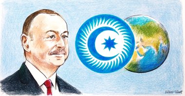 &quot;Azerbaijani President Ilham Aliyev&#039;s messaging was notably centered on the Organization of Turkic States (OTS), signaling a pronounced shift toward prioritizing relations within the Turkic world.&quot; (Illustration by Erhan Yalvaç)
