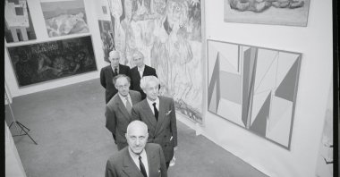 Front to back, Harry F. Guggenheim, president of the Solomon R. Guggenheim Foundation; Georges Salles, director-general of France&#039;s 666 Museums; painter Morris Kestleman; Sir Herbert Read, British art critic; and James Johnson Sweeney, Guggenheim Museum Director at the Manhattan Storage Company, New York, U.S., 1958. (Getty Images Photo)