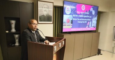 The Consul General of Bangladesh Mohammed Nore-Alam gives a speech during the International Mother Language Day 2024, Istanbul, Türkiye, Feb. 21, 2024. (Photo by Mohammad Zakir Hossain)