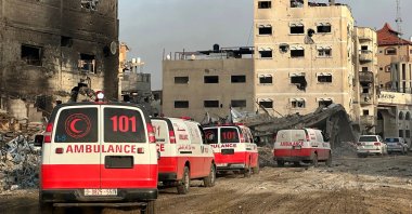 A convoy of ambulances during a World Health Organization (WHO), U.N. humanitarian agency OCHA and Palestinian Red Crescent mission to evacuate patients from Nasser Hospital amid Israeli attacks, Khan Younis, Gaza Strip, Palestine, Feb. 18, 2024. (WHO Handout via AFP File Photo)