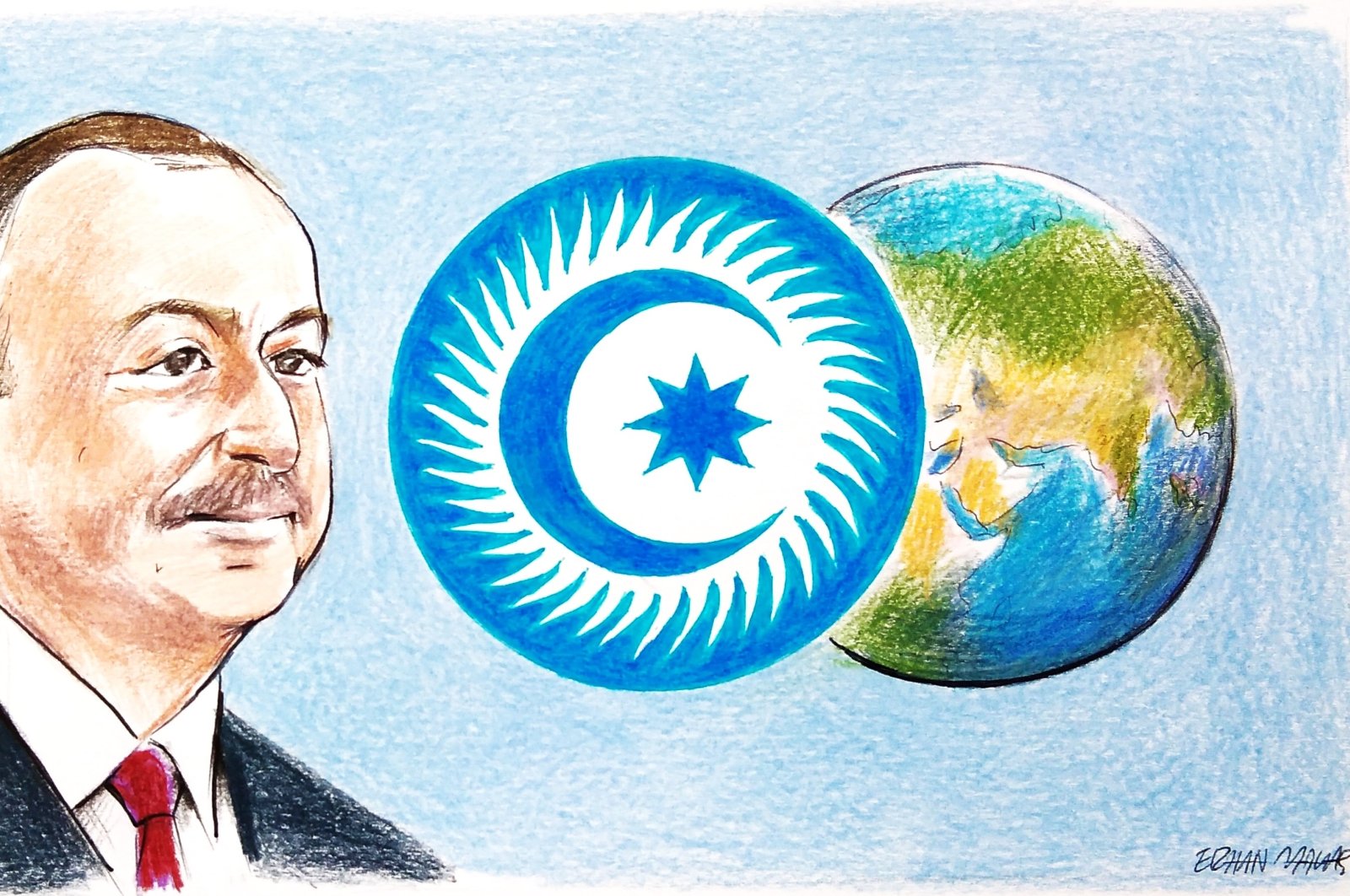 &quot;Azerbaijani President Ilham Aliyev&#039;s messaging was notably centered on the Organization of Turkic States (OTS), signaling a pronounced shift toward prioritizing relations within the Turkic world.&quot; (Illustration by Erhan Yalvaç)