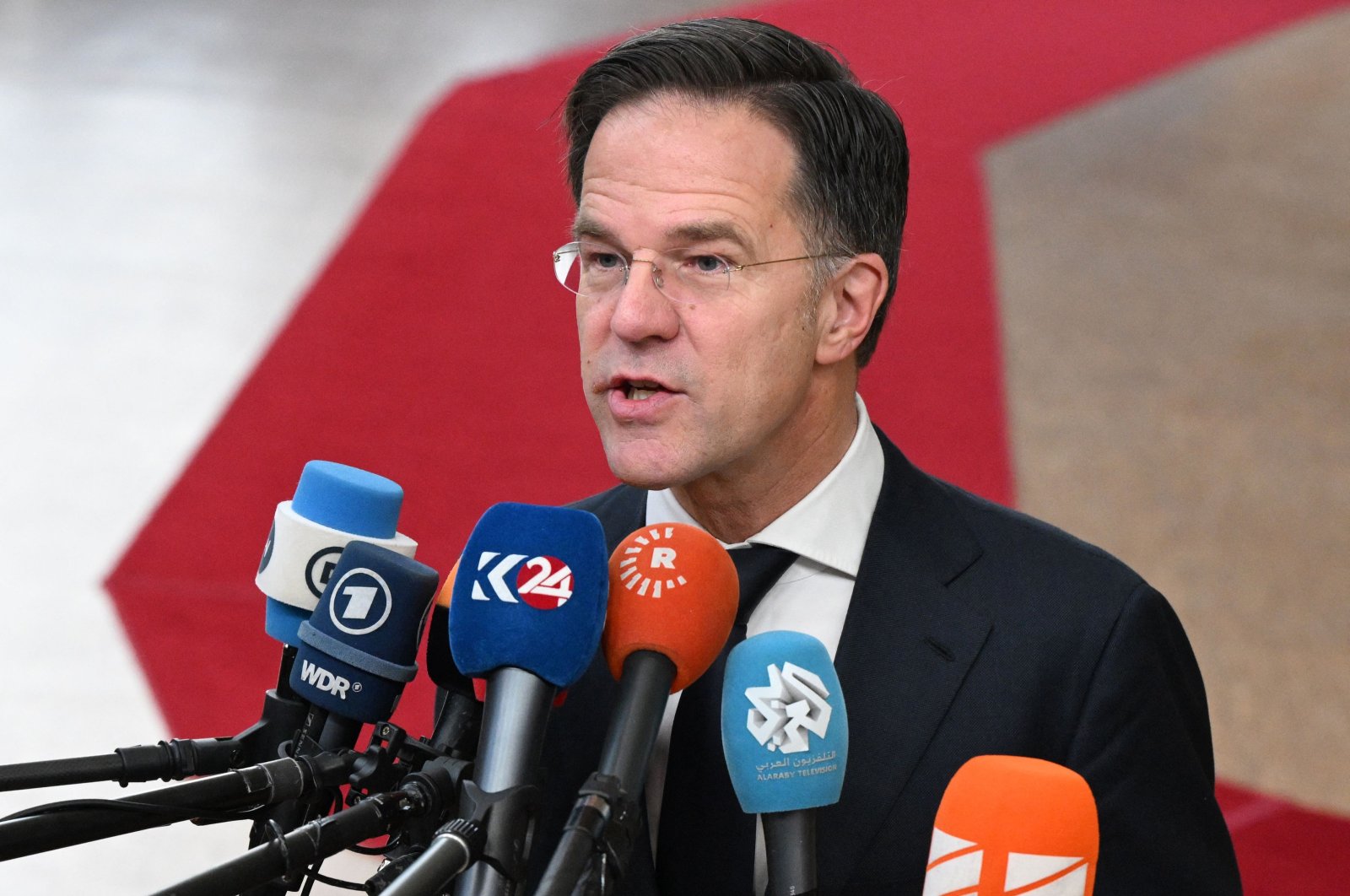 Netherlands&#039; Prime Minister Mark Rutte addresses the press as he arrives to attend a European Council meeting at the European headquarters, Brussels, Belgium, Feb. 1, 2024. (AFP Photo)