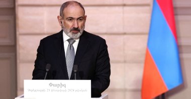 Armenian Prime Minister Nikol Pashinyan speaks at a press conference, in Paris, France, Feb. 21, 2024. (AFP Photo)