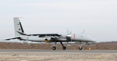 The Akıncı combat drone on a runway, Baku, Azerbaijan, Feb. 9, 2024. (AA Photo)
