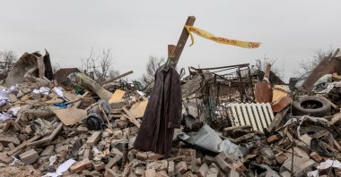 A coat hangs among rubble at the scene of a Russian missile strike, in Kramatorsk, Ukraine, Feb. 22, 2024. (Getty Images)