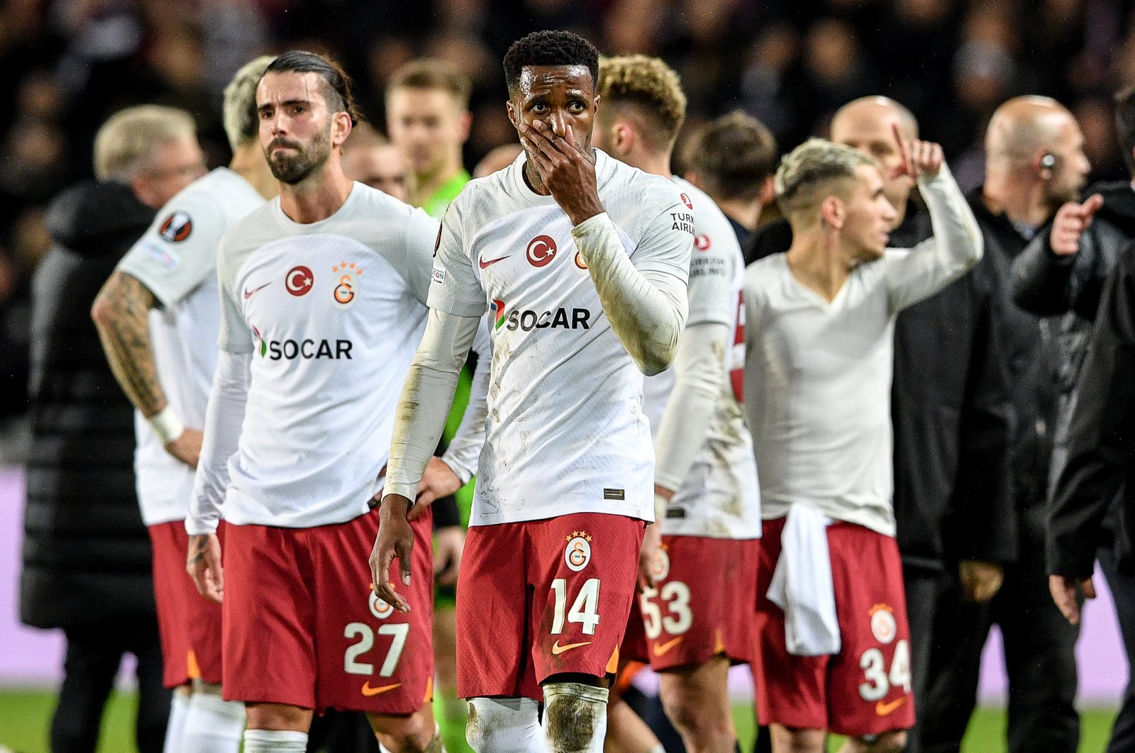 Galatasaray players look dejected after losing to Czech side Sparta Prague at the Epet Arena, Prague, Czech Republic, Feb. 23, 2024. (AA Photo)