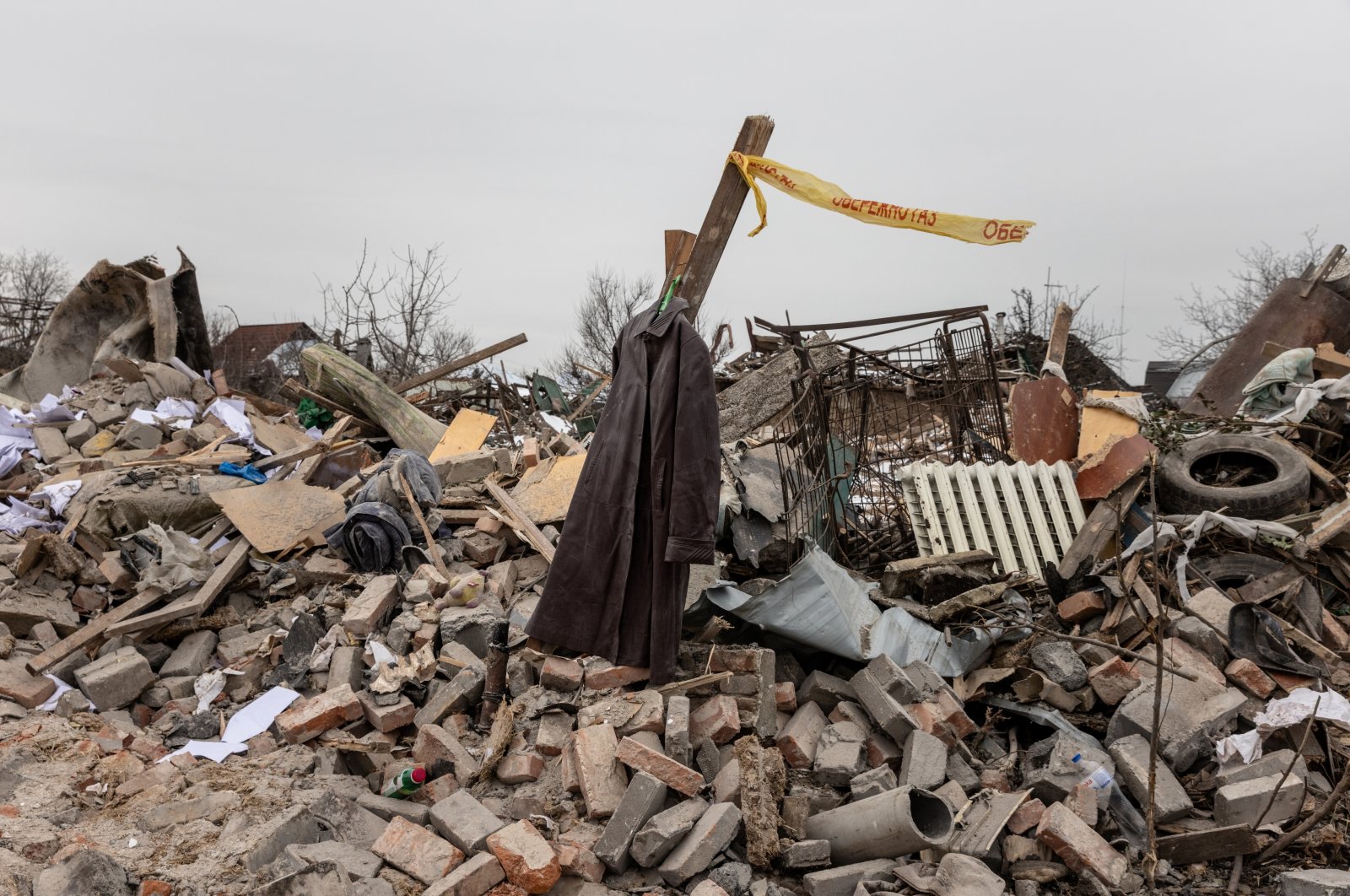 A coat hangs among rubble at the scene of a Russian missile strike, in Kramatorsk, Ukraine, Feb. 22, 2024. (Getty Images)