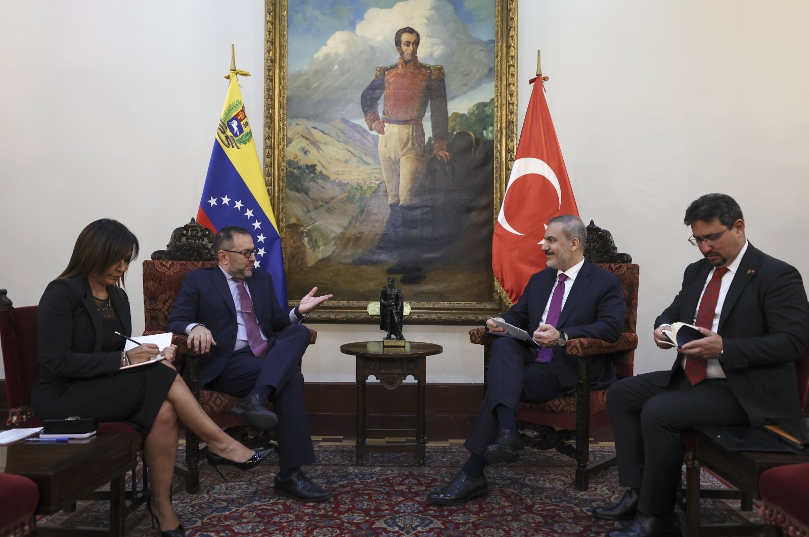 Foreign Minister Hakan Fidan and Venezuelan Counterpart Yvan Gil hold a meeting in Caracas, Feb. 24, 2024. (AA Photo)