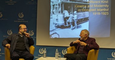 The film scholars Nezih Erdoğan (L) and Ian Christie talk as part of the &quot;Cinema and Modernity in Occupied Istanbul&quot; session, London, U.K., Feb. 24, 2024. (Photo courtesy of YEE London)
