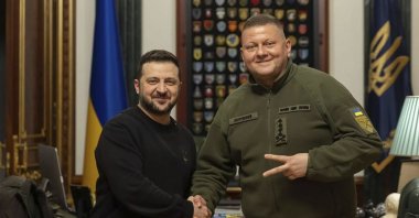 Ukrainian President Volodymyr Zelenskyy (L) shakes hands with former Commander-in-Chief of Ukraine&#039;s Armed Forces Valeriy Zaluzhnyi during their meeting in Kyiv, Ukraine, Feb. 8, 2024. (AP Photo)