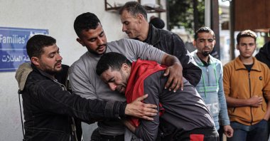 Palestinians mourn relatives killed in Israeli airstrikes on the Rafah refugee camp at Al-Najjar Hospital in Rafah, in the southern Gaza Strip, Palestine, Feb. 24, 2024. (AFP Photo)