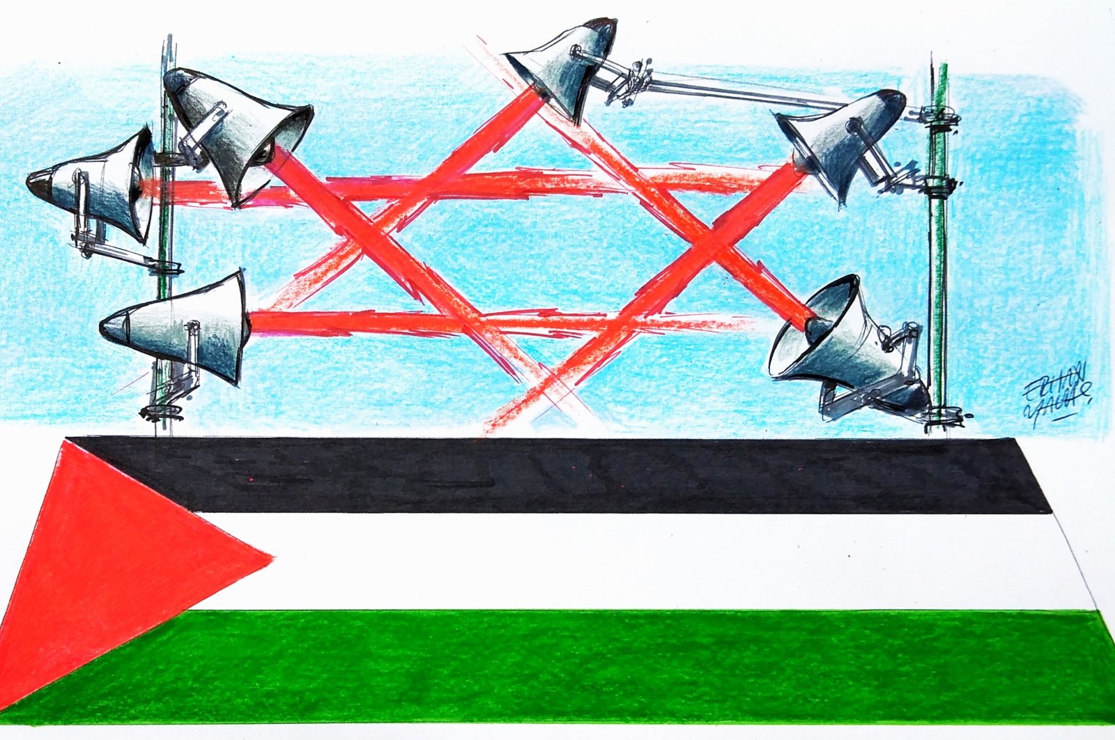 Videos shared online of Israel&#039;s attacks on Gaza usually start with a warning of a &quot;code red,&quot; followed by panic as people look for places to hide. (Illustration by Erhan Yalvaç)