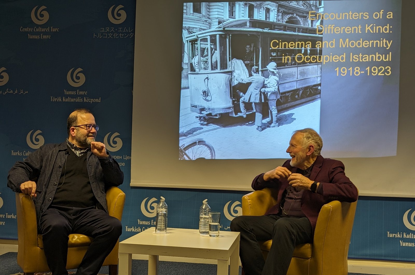 The film scholars Nezih Erdoğan (L) and Ian Christie talk as part of the &quot;Cinema and Modernity in Occupied Istanbul&quot; session, London, U.K., Feb. 24, 2024. (Photo courtesy of YEE London)