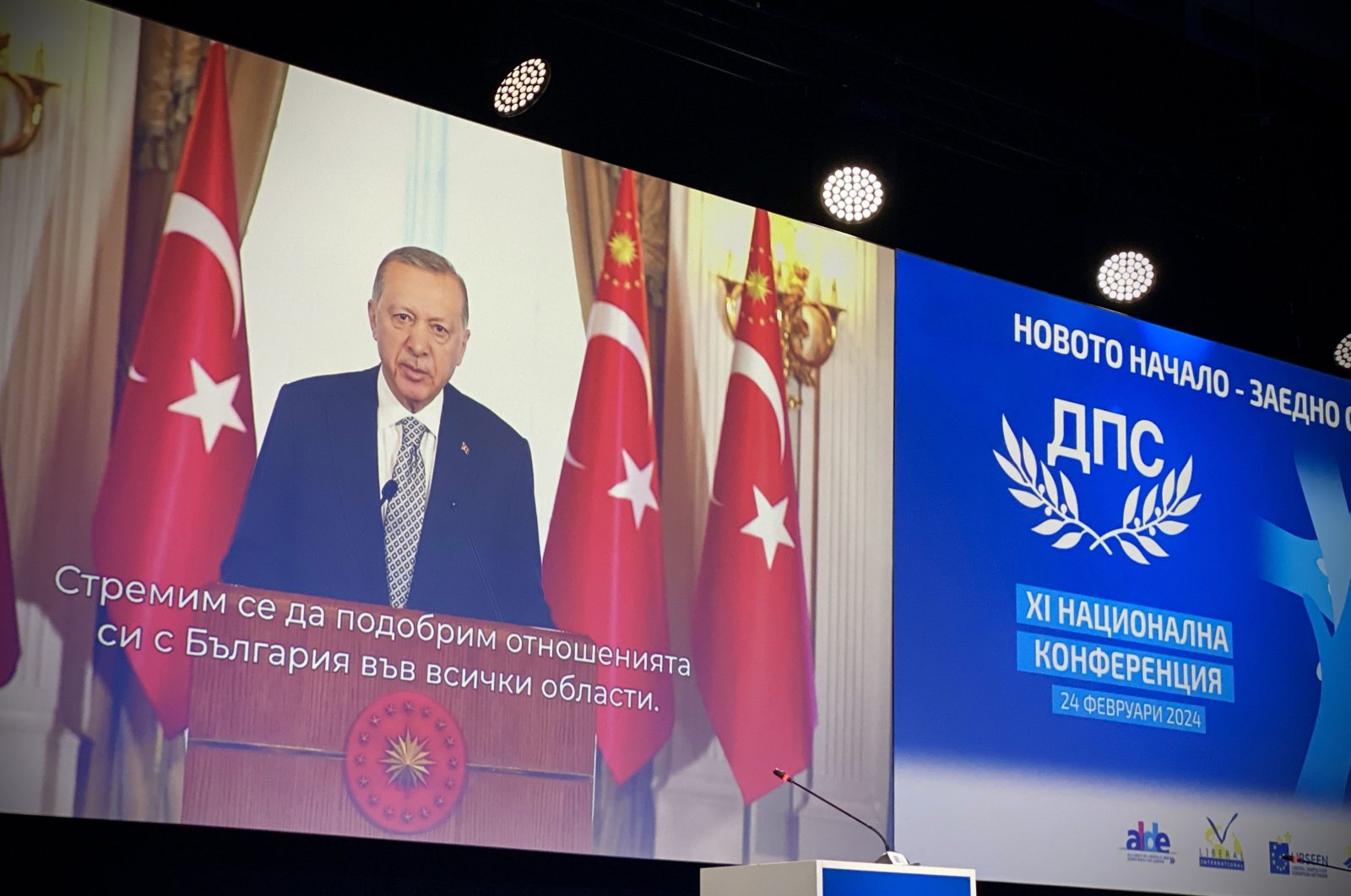 President Recep Tayyip Erdoğan delivers a speech in a video message sent to the congress of Bulgaria&#039;s political party Movement for Rights and Freedoms, Sofia, Bulgaria, Feb. 24, 2024 (AA Photo)