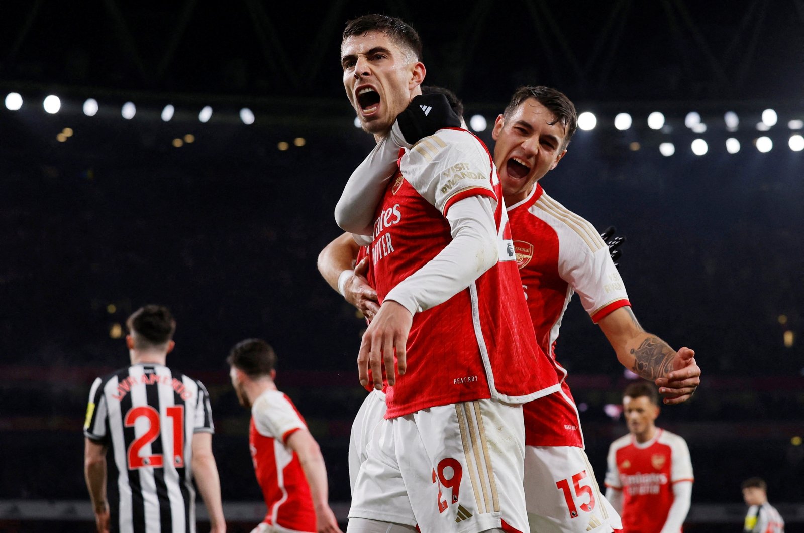 Arsenal&#039;s Kai Havertz (L) celebrates scoring against Newcastle United, London, U.K., Feb. 24, 2024. (Reuters Photo)