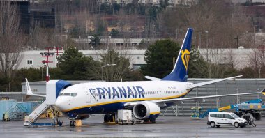 A Boeing 737-8AS for Ryanair is parked at Renton Municipal Airport adjacent to Boeing's factory in Renton, Washington, U.S., Jan. 25, 2024. (AFP Photo)