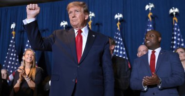 Republican presidential candidate and former President Donald Trump gestures during an election night watch party, in Columbia, South Carolina, U.S., Feb. 24, 2024. (AFP Photo)