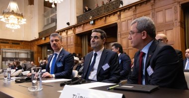 Deputy Foreign Minister Ahmet Yıldız (R), Turkish Parliamentary Justice Commission Chair Cüneyt Yüksel (L) and Turkish Ambassador to The Hague Selçuk Ünal (C) attend a hearing at the International Court of Justice (ICJ) on the legal consequences of the Israeli occupation of Palestinian territories, The Hague, the Netherlands, Feb. 26, 2024. (AA Photo)