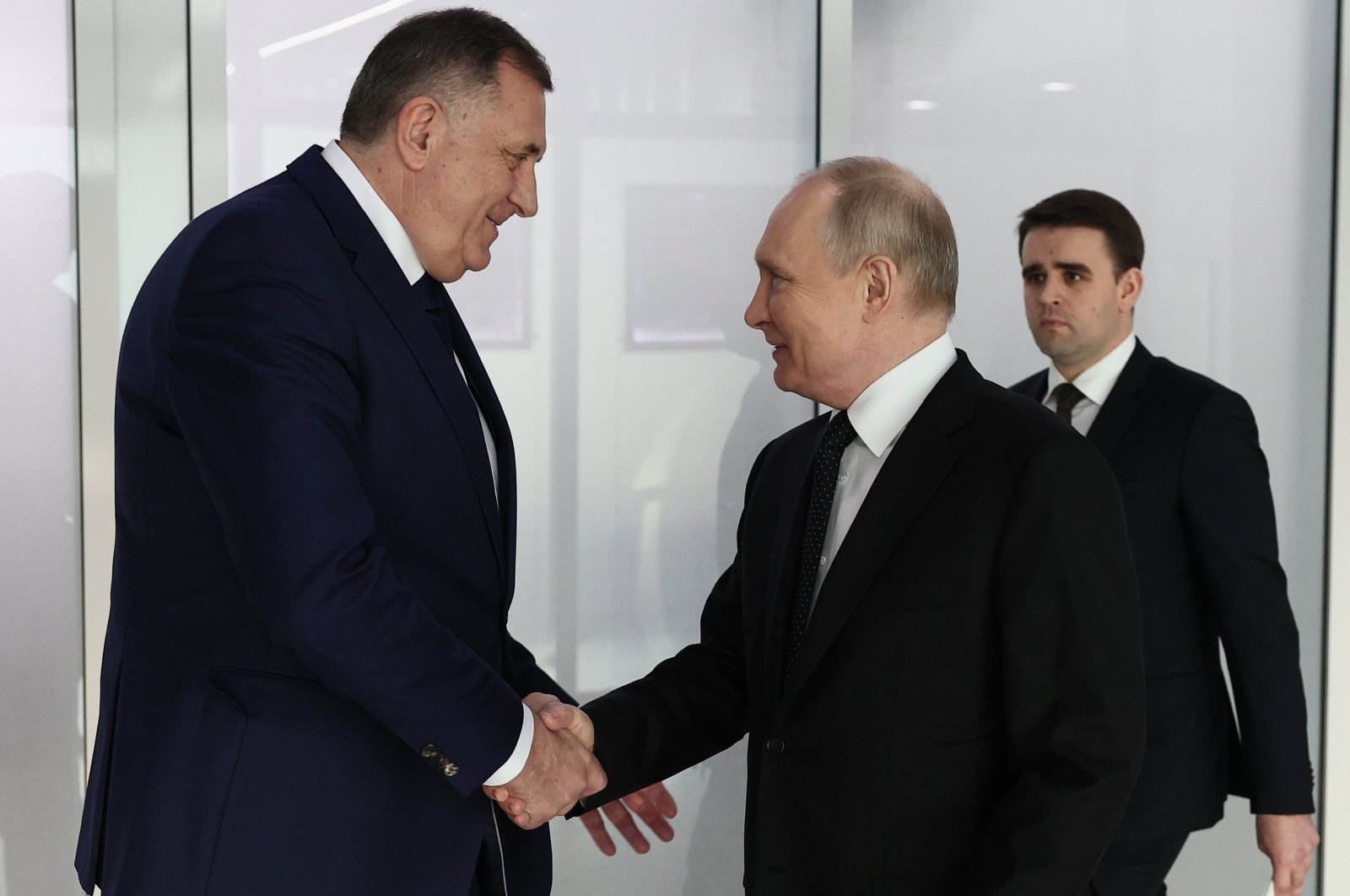 Russian President Vladimir Putin (R) and President of Republika Srpska Milorad Dodik shake hands before a meeting at the Kazan Expo International Exhibition Center, Kazan, Russia, Feb. 21, 2024. (EPA Photo)