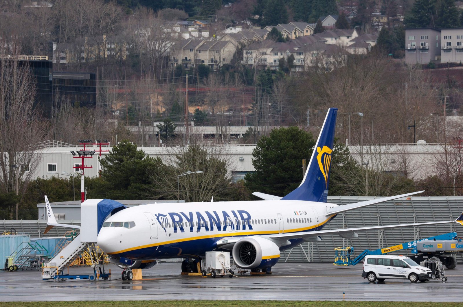 A Boeing 737-8AS for Ryanair is parked at Renton Municipal Airport adjacent to Boeing&#039;s factory in Renton, Washington, U.S., Jan. 25, 2024. (AFP Photo)