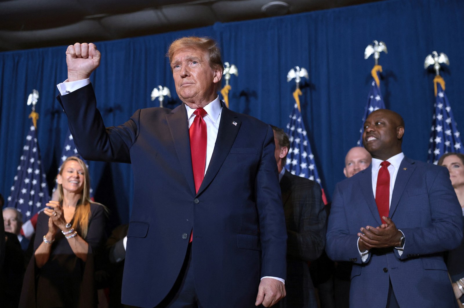 Republican presidential candidate and former President Donald Trump gestures during an election night watch party, in Columbia, South Carolina, U.S., Feb. 24, 2024. (AFP Photo)