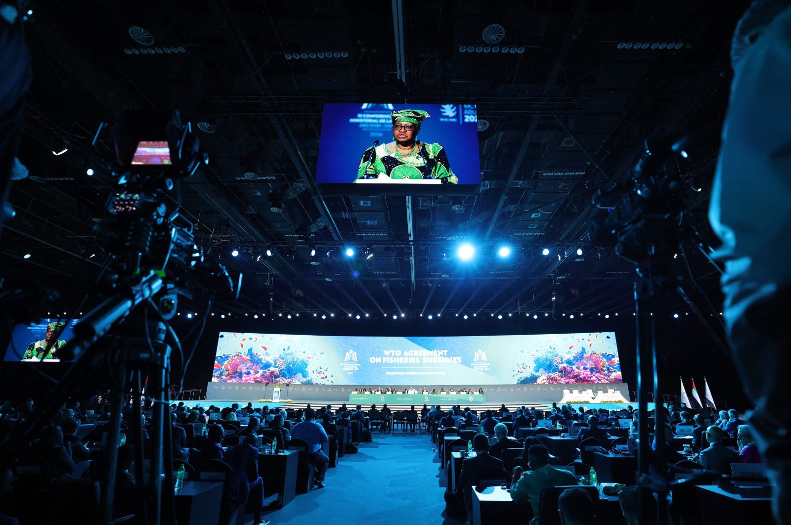 World Trade Organization (WTO) Director-General Ngozi Okonjo-Iweala addresses delegates during a session on fishery subsidies during the 13th WTO Ministerial Conference in Abu Dhabi, UAE, Feb. 26, 2024. (AFP Photo)